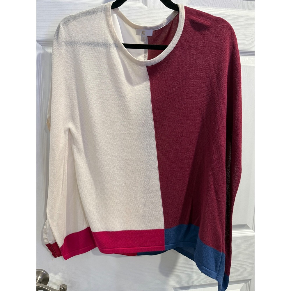 C. Wonder‎ Colorblock Mixed Media Knit Back Woven Top Burgundy Cream Blue S